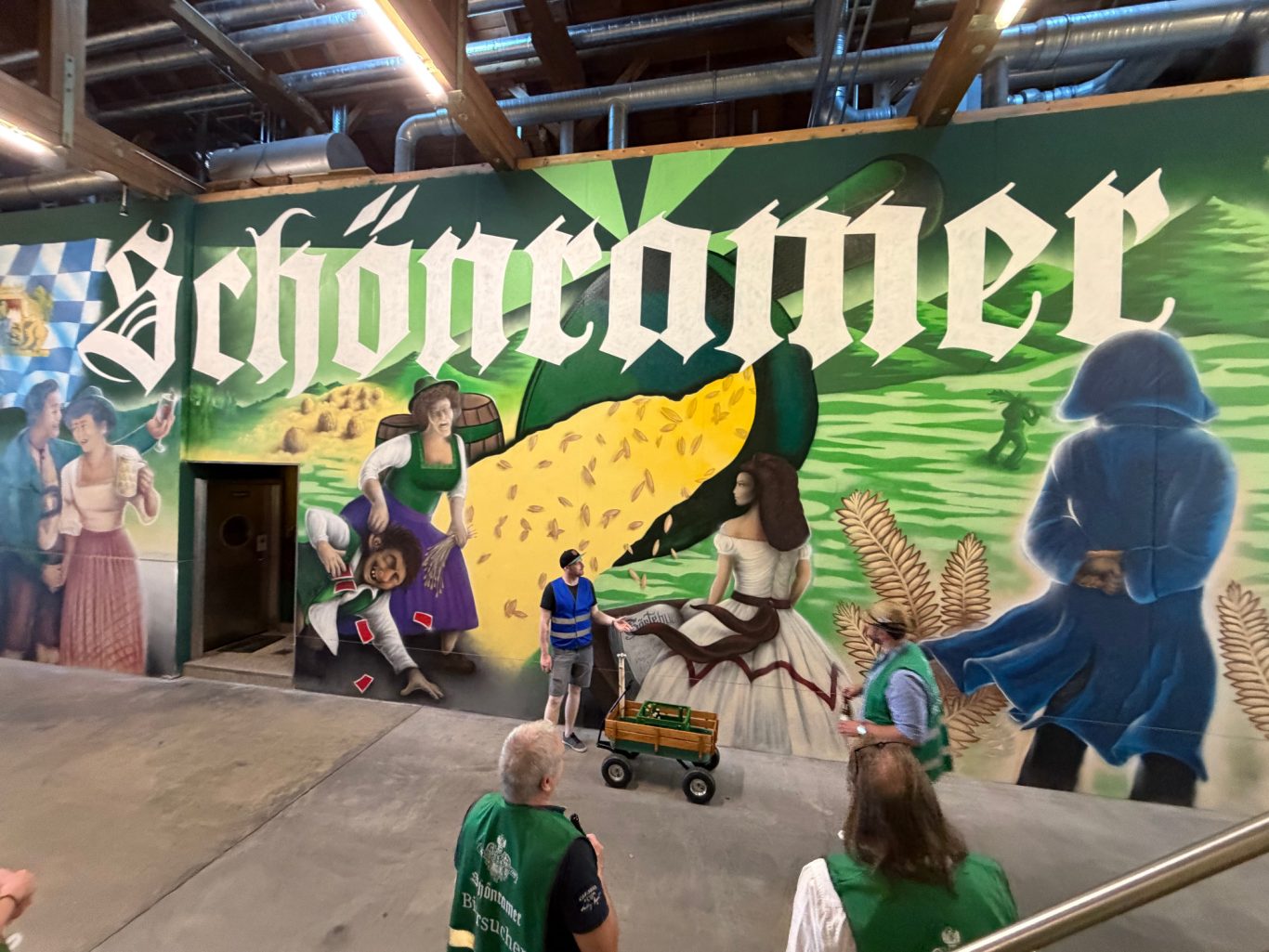 Bunte Wandmalerei mit dem Schriftzug "Schönramer" und historischen Szenen.